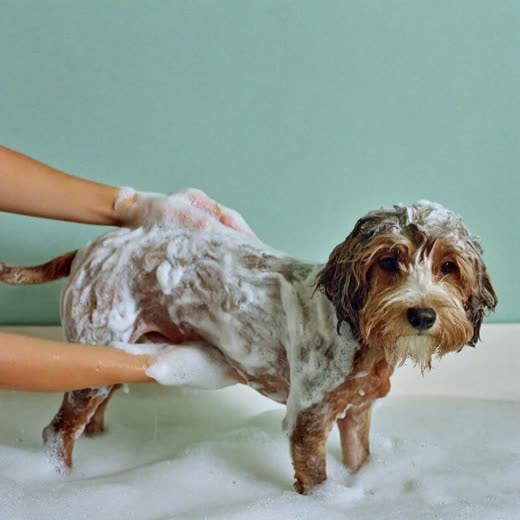A small curly dog in the bath covered in shampoo suds